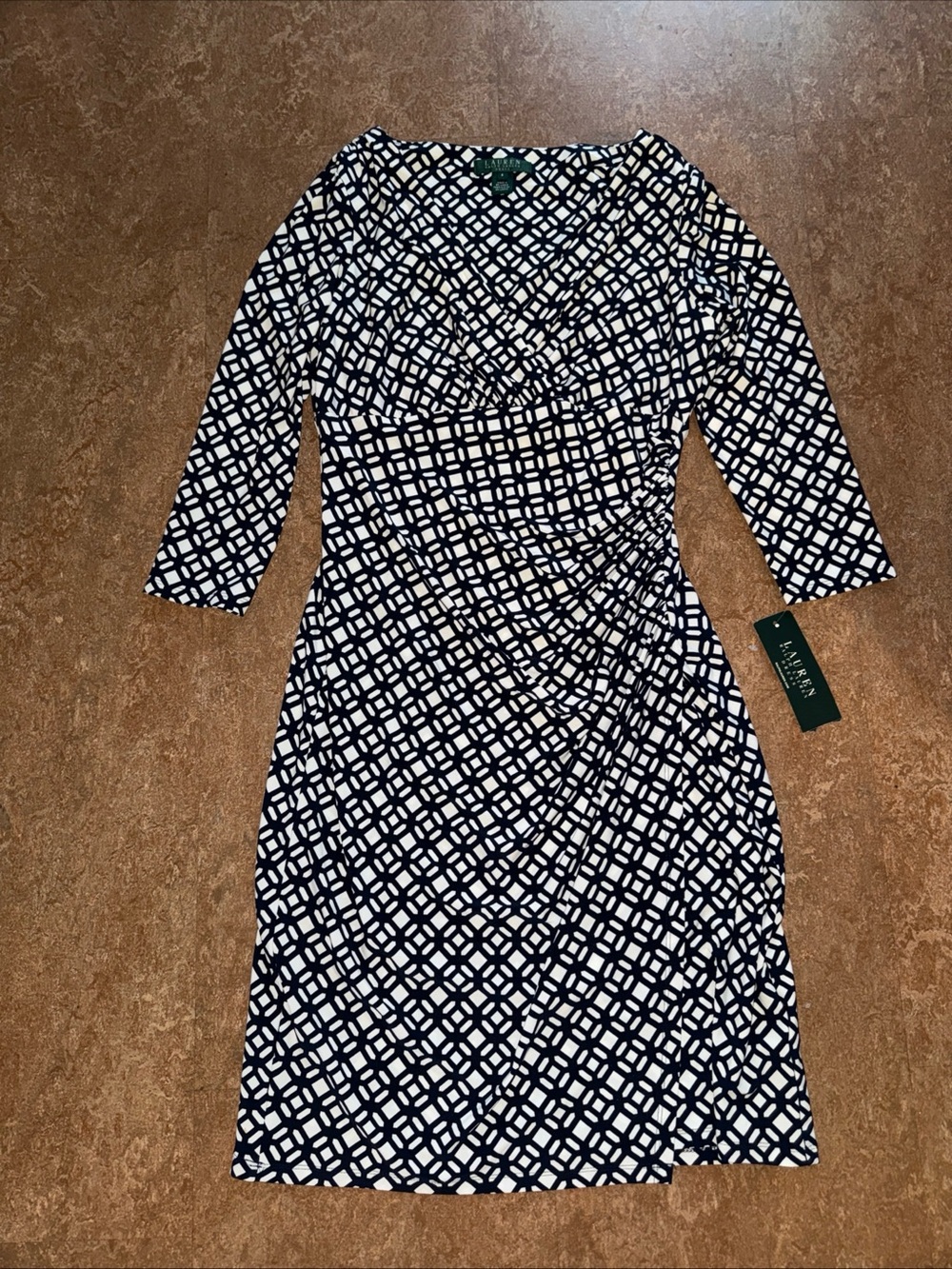 Lauren Ralph Lauren Navy & White Geometric Faux-Wrap Dress SZ 8
